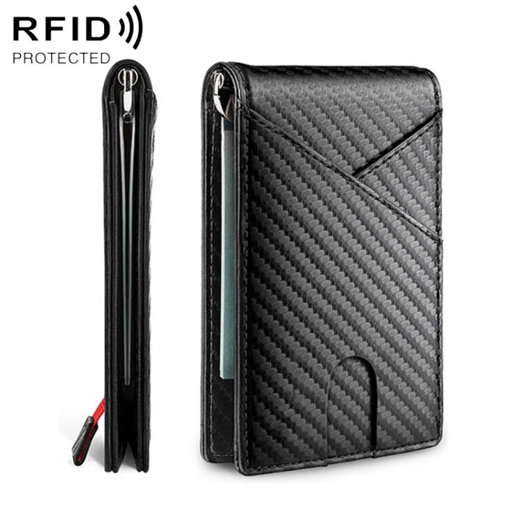 Black carbon fiber business wallet with hinged card holder and RFID-protection design