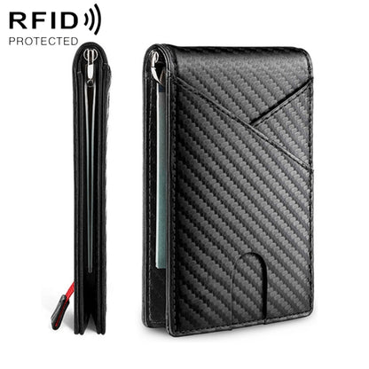 Black carbon fiber business wallet with hinged card holder and RFID-protection design
