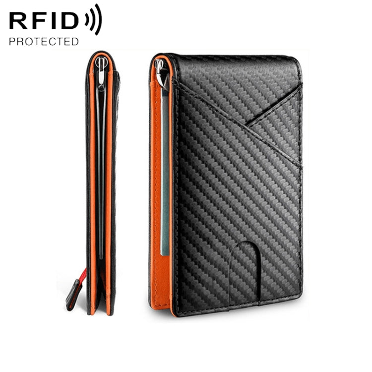 Orange-trim carbon fiber business wallet with vertical card slot and RFID-protection