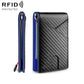 Blue-trim carbon fiber business wallet with vertical card slot and RFID-protection