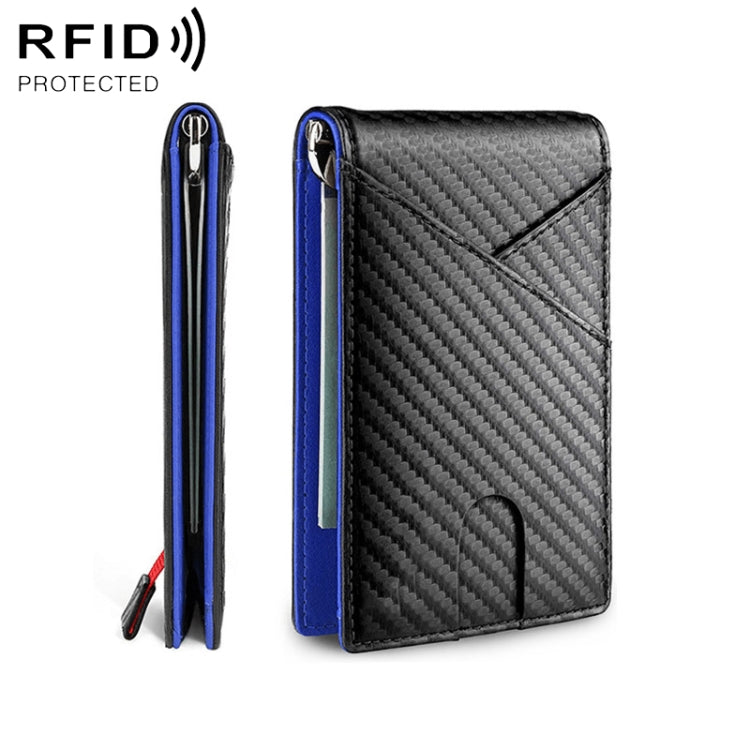 Blue-trim carbon fiber business wallet with vertical card slot and RFID-protection