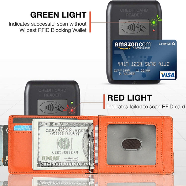 Orange-trim carbon fiber wallet with inner card window and RFID-blocking layout