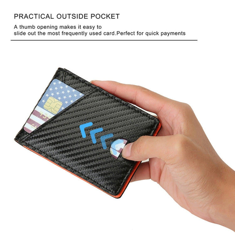 Black carbon fiber wallet held in hand with card partially inserted