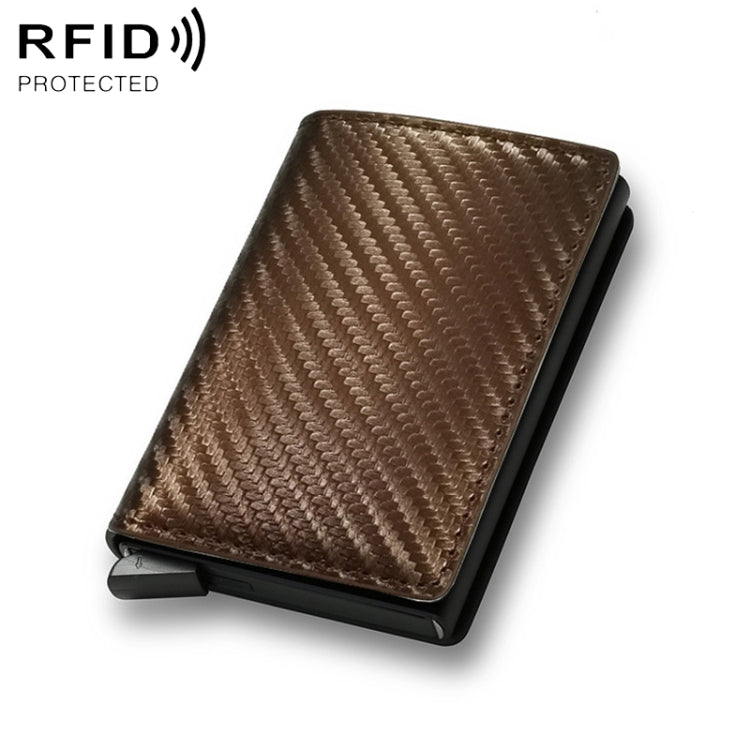 Brown carbon fiber RFID wallet with slim profile and metal money clip
