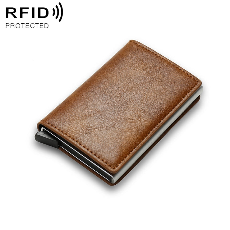 Brown leather-look RFID wallet with slim profile and metal money clip