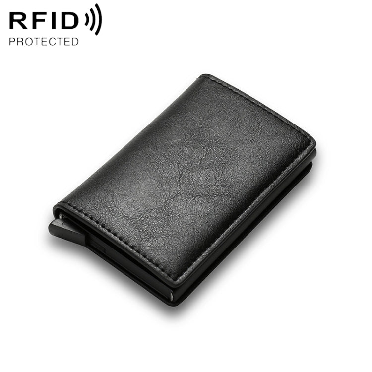 Black leather-look RFID wallet with slim profile and metal money clip