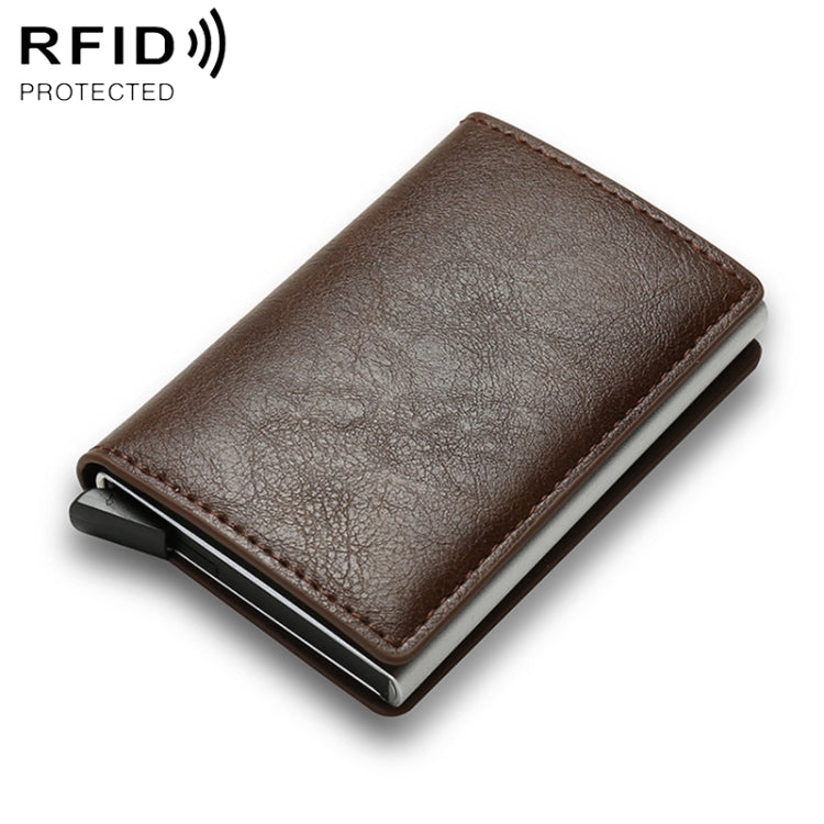 Dark brown leather-look RFID wallet with slim profile and metal money clip