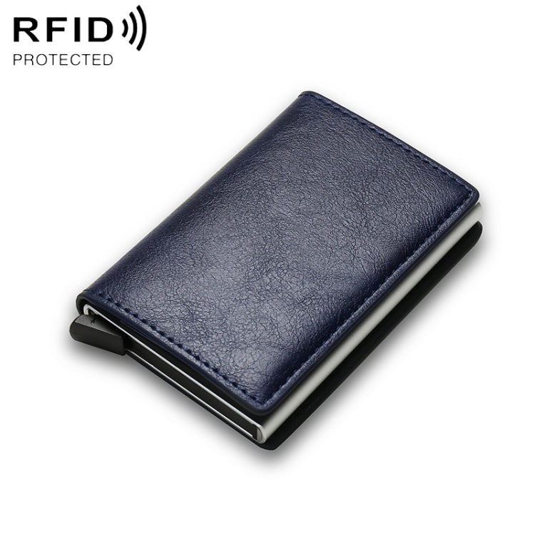 Blue leather-look RFID wallet with slim profile and metal money clip