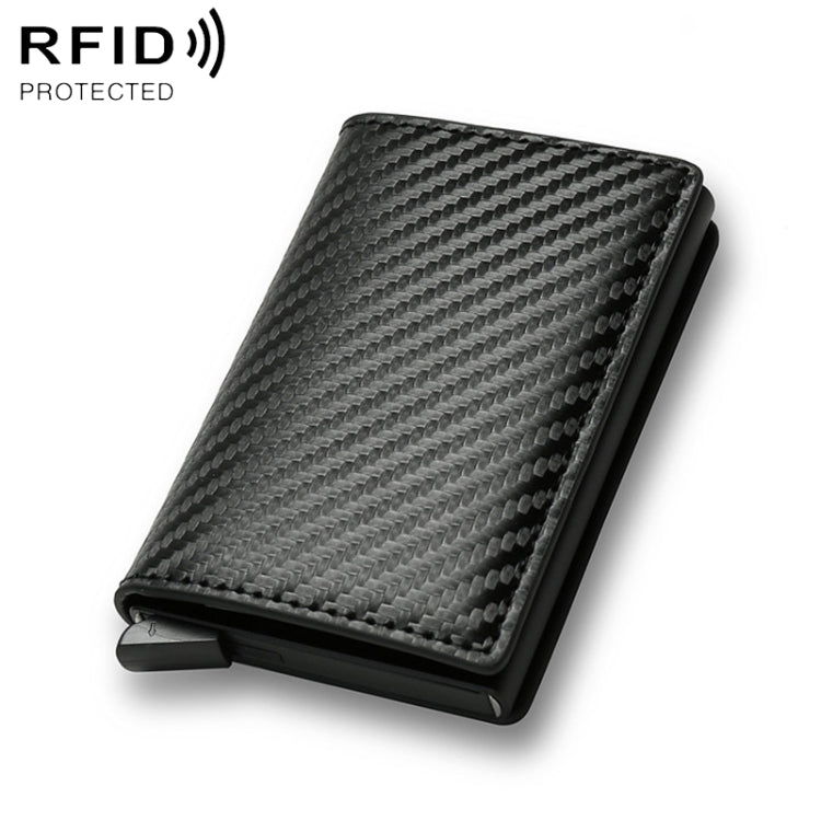 Black carbon fiber RFID wallet with slim profile and metal money clip