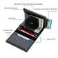 Black carbon fiber RFID wallet with card slots, cash clip, and one-click pop-up