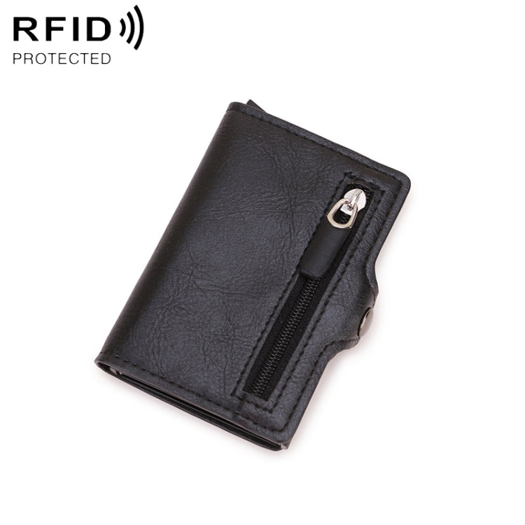 Black PU leather RFID card holder wallet with metal buckle and zipper pocket