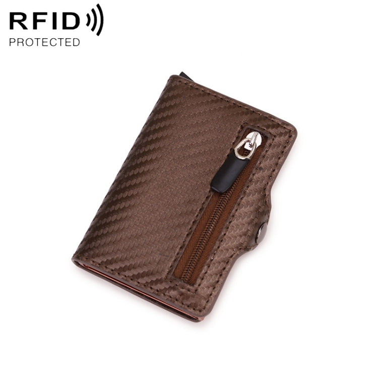 Brown carbon-fiber RFID card holder with metal buckle and zipper pocket