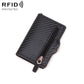 Black carbon-fiber RFID card holder with metal buckle, zipper pocket, pull tab