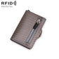 Light brown carbon-fiber RFID card holder with metal buckle and zipper pocket