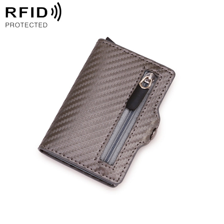 Light brown carbon-fiber RFID card holder with metal buckle and zipper pocket