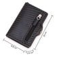 Black carbon-fiber RFID card holder, compact size, metal buckle and zipper pocket