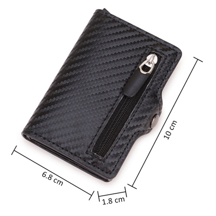Black carbon-fiber RFID card holder, compact size, metal buckle and zipper pocket