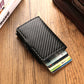 Black carbon-fiber RFID card holder with metal buckle, cards visible inside
