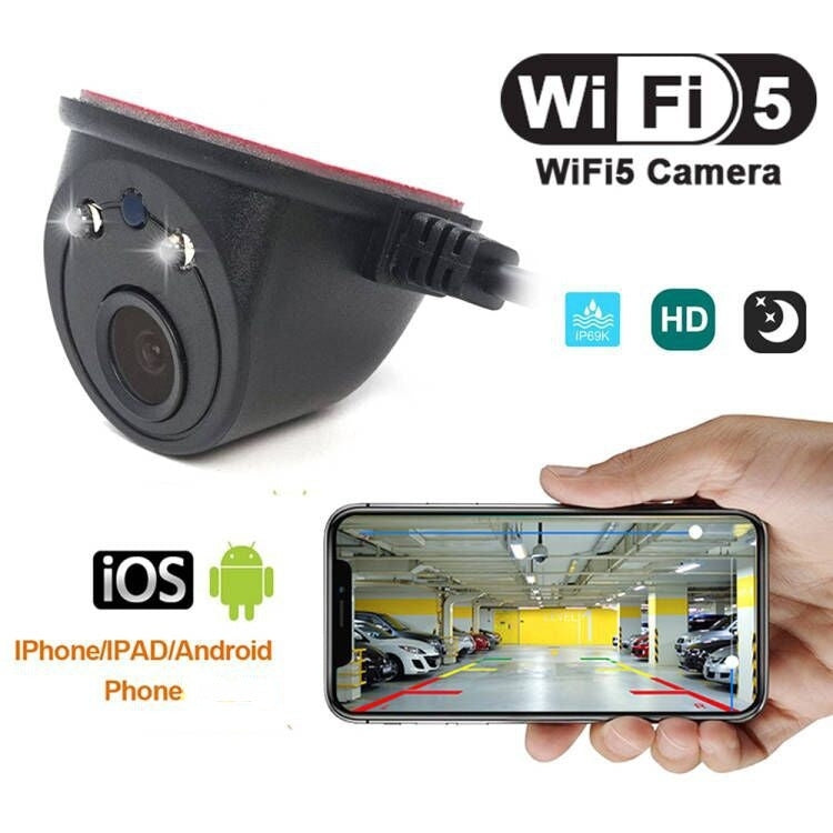 Black dome car side camera with red trim ring, lens and attached cable