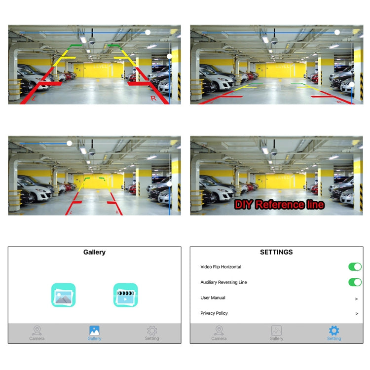 Camera view screenshots with colored parking guidance lines and settings panels