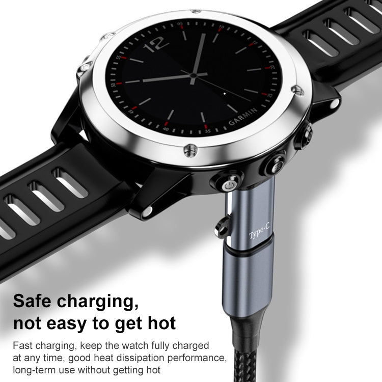 Garmin watch charging adapter with metal connector and straight dock, black strap clip