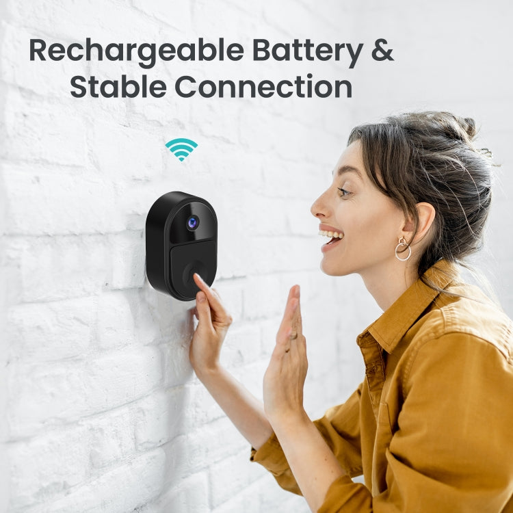 Black mini smart video doorbell mounted by a hand, rechargeable-style design