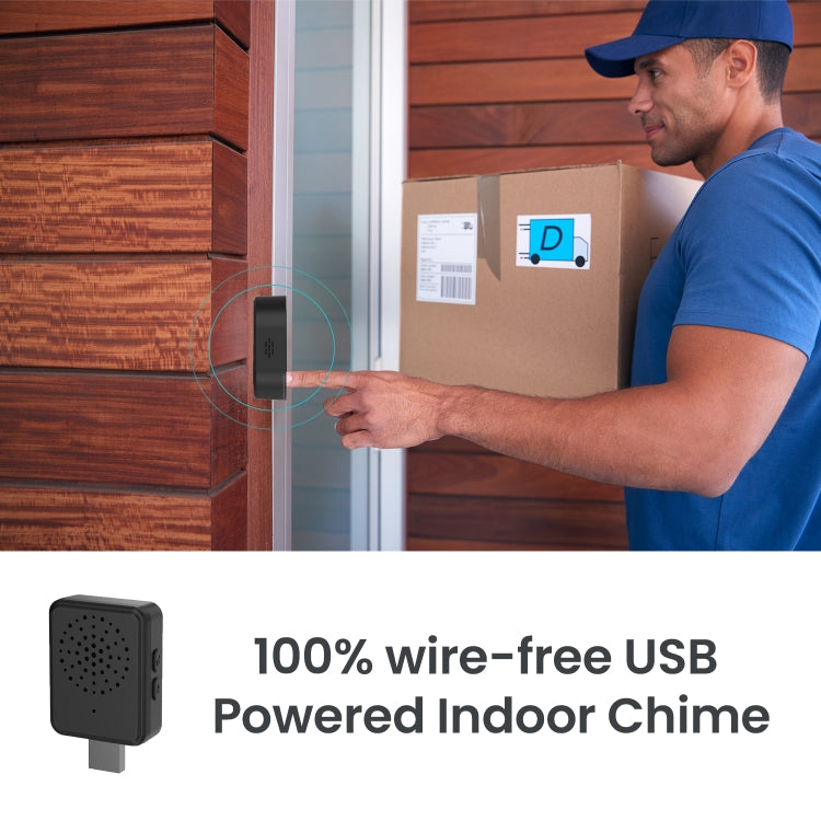 Black smart door chime device with front speaker grille and USB-style power port