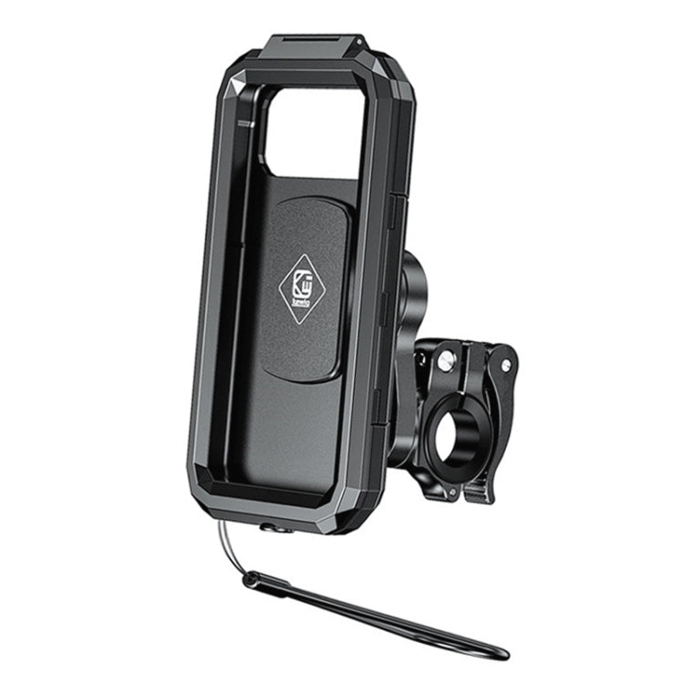 Black protective phone case holder with quick-release clamp bracket, close-up view