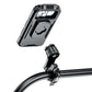 Waterproof phone case holder mounted on handlebar, side view with top camera cutout