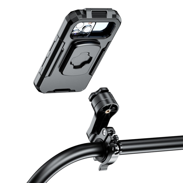 Waterproof phone case holder mounted on handlebar, side view with top camera cutout