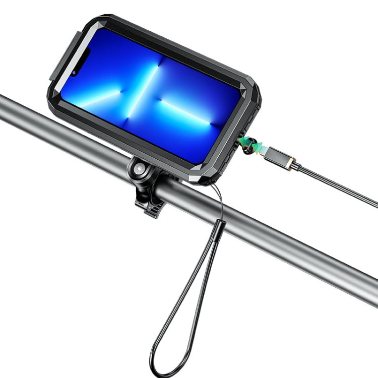 Waterproof phone holder with front window on silver handlebar, mounted close-up