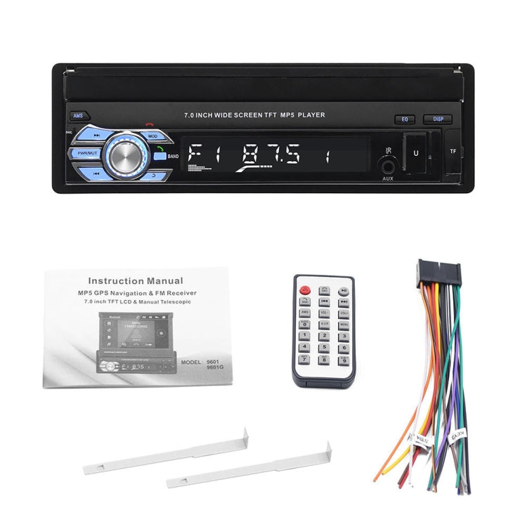 Car MP5 player head unit with 7in TFT screen, remote, manual, wiring harness