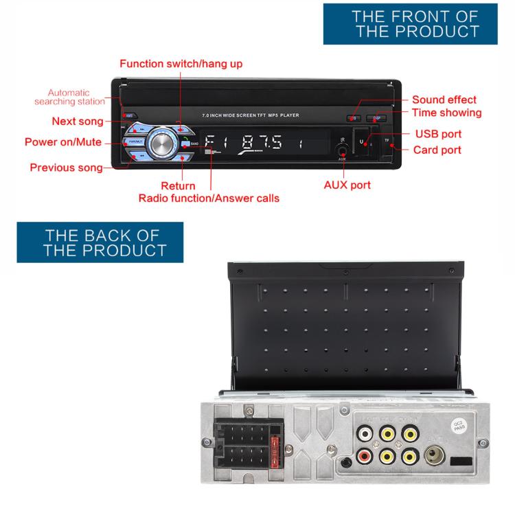 Retractable car MP5 player front controls with screen and rear port layout