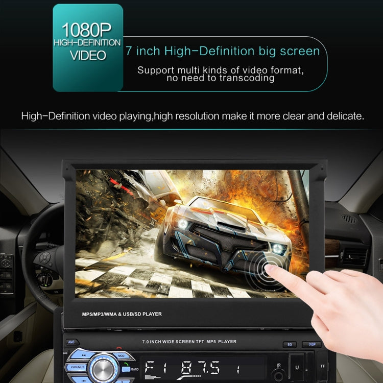 Retractable car MP5 player with 7-inch touchscreen playing high-definition video