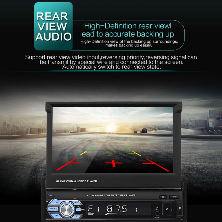 Retractable car MP5 player with rear-view camera screen on 7-inch display