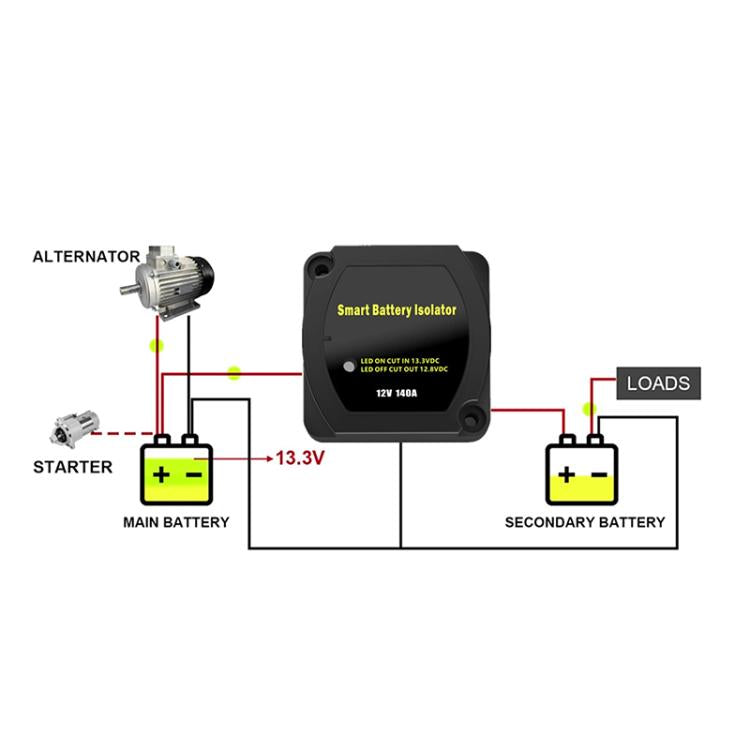 Wiring diagram for 12V 140A smart battery isolator relay, 13.3V cut-in