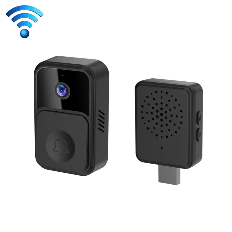 Black wireless smart video doorbell with camera lens and doorbell button panel
