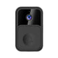 Black wireless smart video doorbell close-up with camera lens and bell button icon