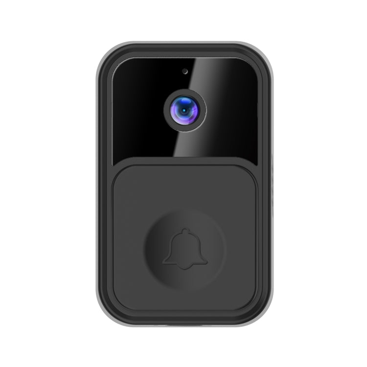 Black wireless smart video doorbell close-up with camera lens and bell button icon