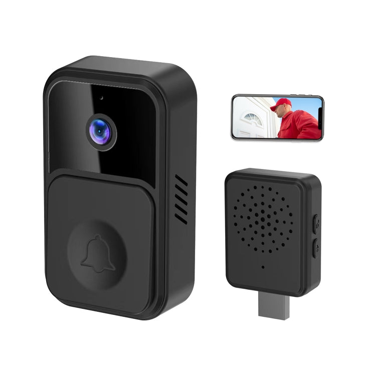 Black wireless smart video doorbell with indoor chime speaker unit