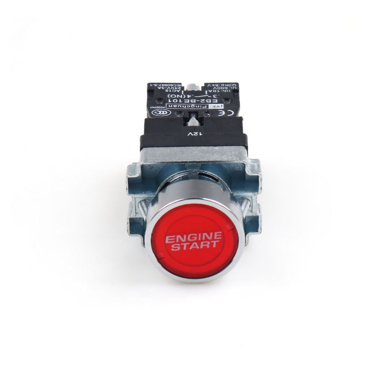 Red engine start push button switch with black relay-style body and terminals