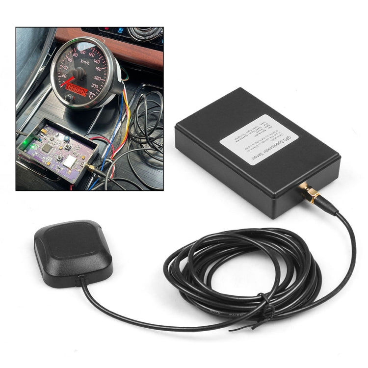 GPS speedometer sensor kit with black control box, GPS antenna puck, and long cable.