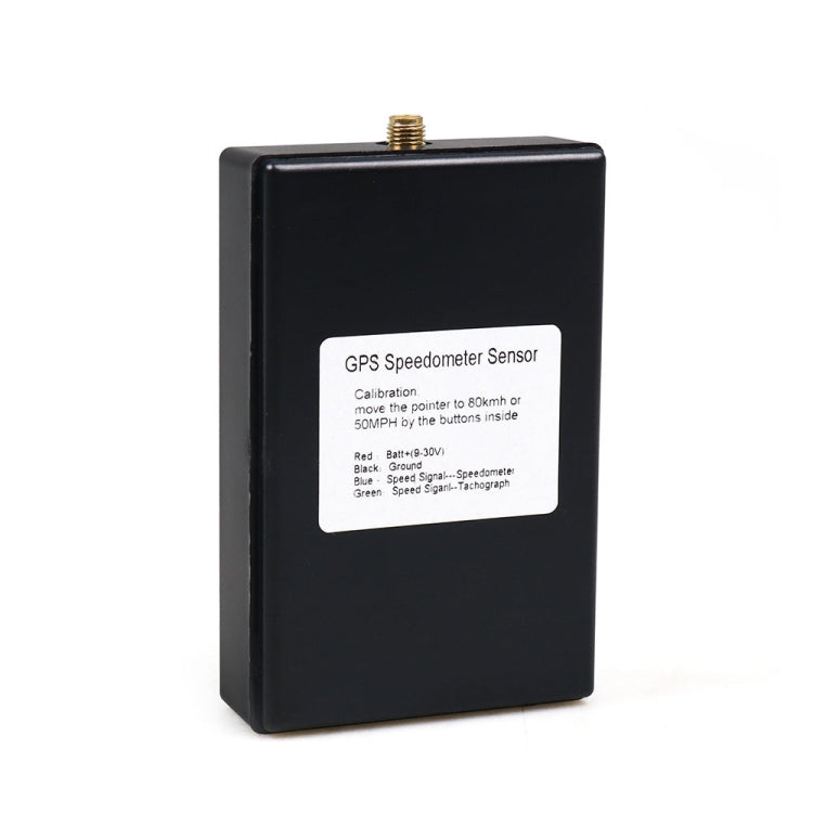 GPS speedometer sensor control box with threaded RF connector and printed label.