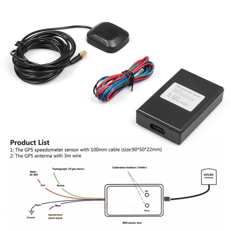 GPS speedometer sensor kit with wires, black control unit, antenna puck, and wiring diagram.