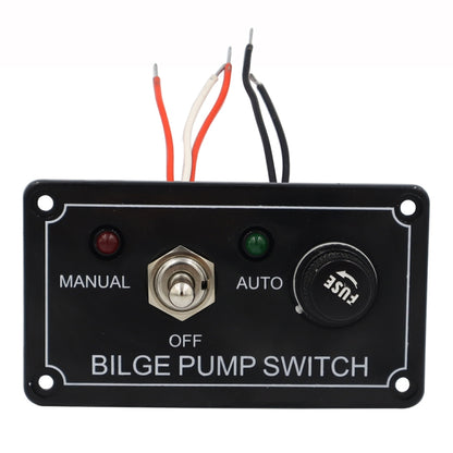 Black bilge pump switch panel with manual/auto indicator lights and OFF label