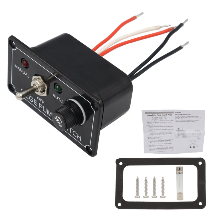 Black bilge pump switch panel with indicator lights, control knob, and mounting screws