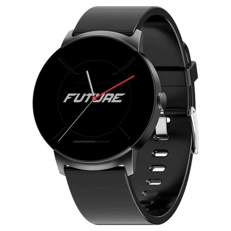 Black smart watch with round dial, silver bezel accents, and black silicone strap