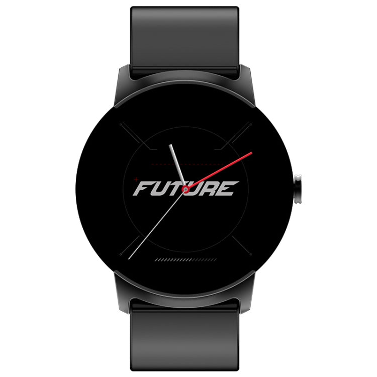 Black smart watch with round face, side buttons, and black strap with buckle clasp