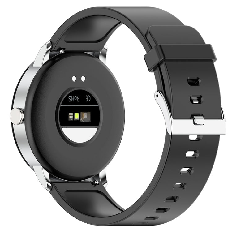 Black smart watch with circular back sensor panel and black strap, side buttons visible