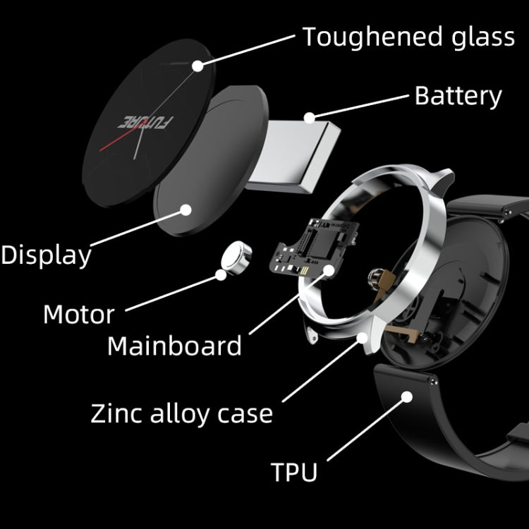 Black smart watch with circular display and black TPU strap (exploded view of components)